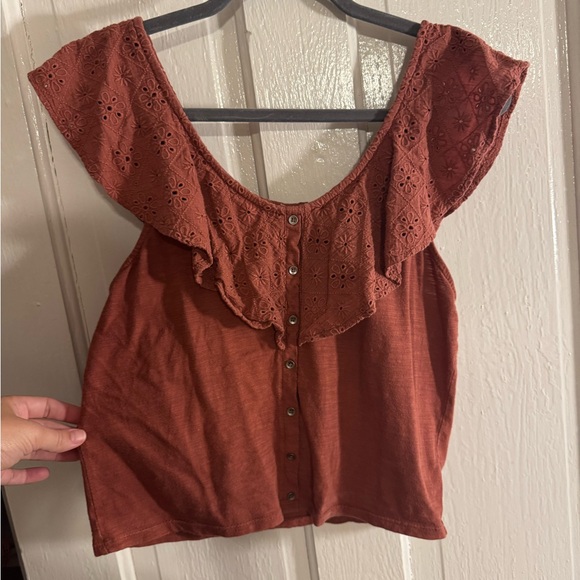 American Eagle Outfitters Terracotta Eyelet Button-Down Blouse slightly cropped - Picture 1 of 2